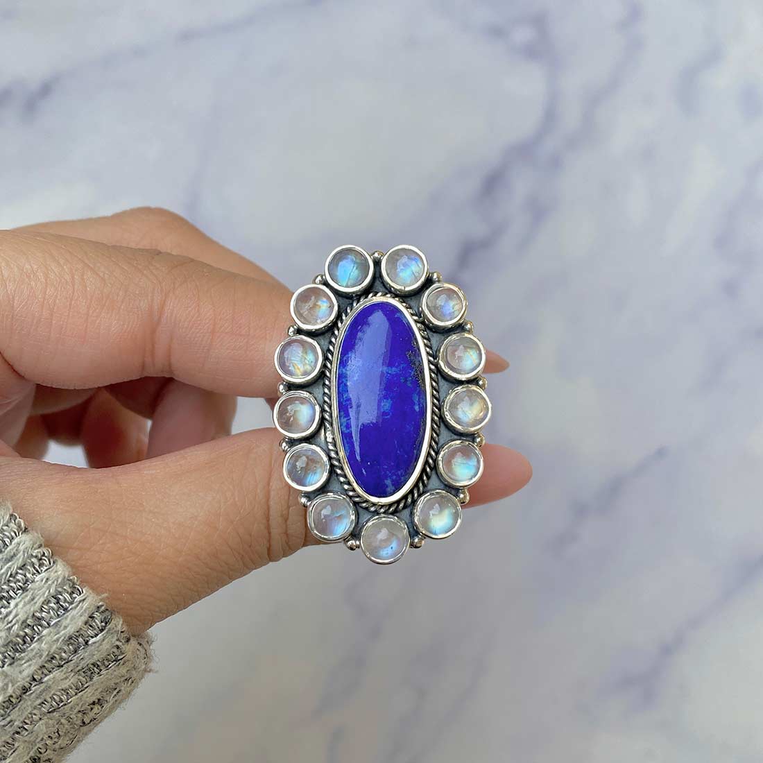 Lapis Lazuli And Moonstone Adjustable Ring-(LLP-FLR-9.)